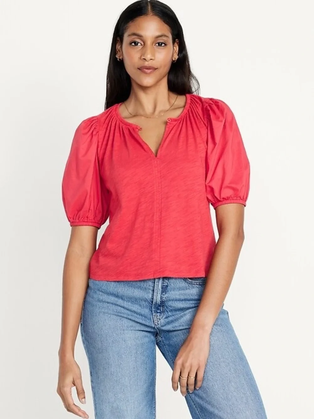 Women's Red Puff Sleeve Slub Knit Top